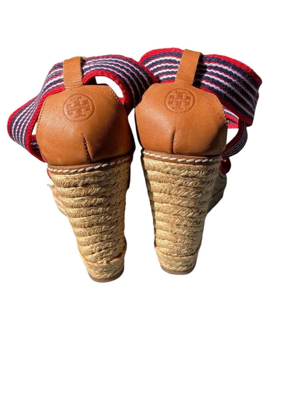Tory Burch Red Navy Stripe Espadrille Wedge Sandals Size 8 Nautical Americana